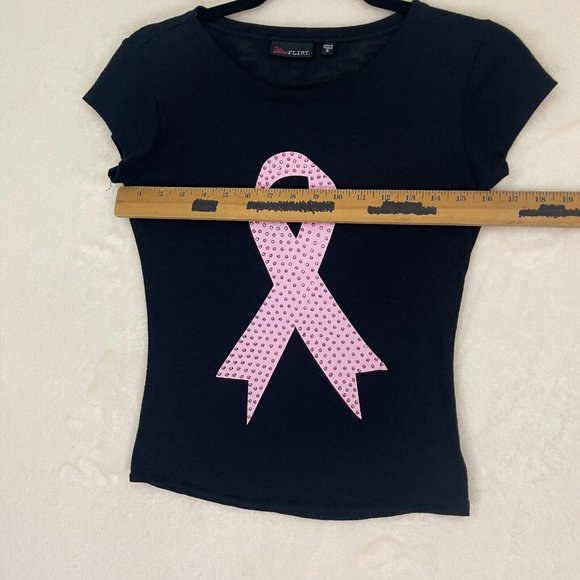 Ultra Flirt Pink Ribbon Pink Studs Black Short Sleeve Top Women's Size Small - Picture 4 of 8